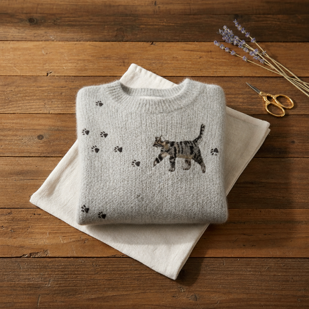 Cotton Sweater Gray with Kitten & Paw Prints - Plus size model