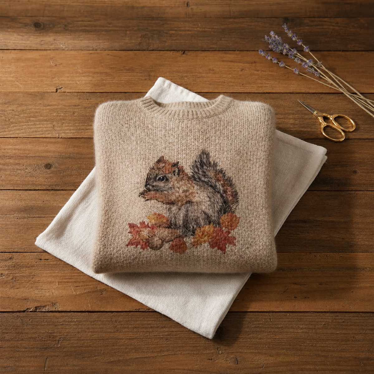 Cotton Sweater Cream with Squirrel & Autumn Leaves - Plus size model