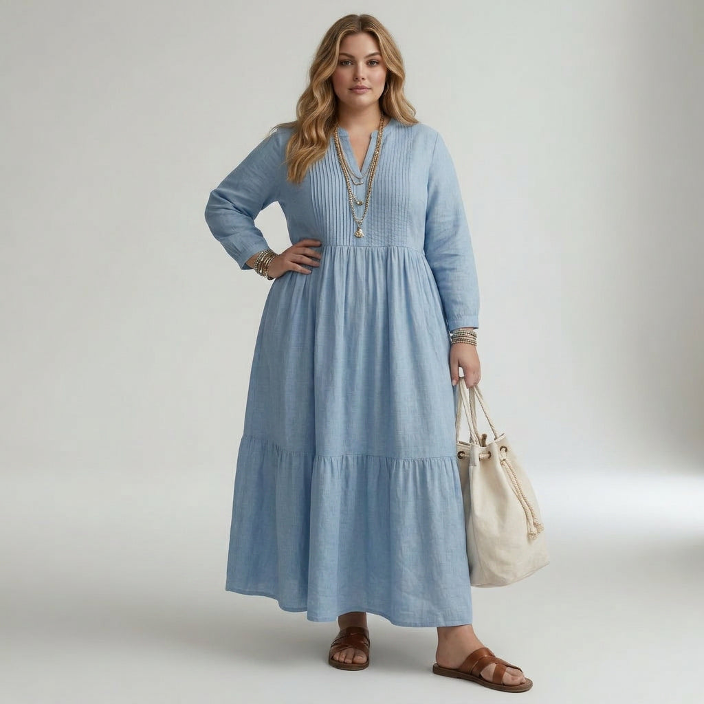 Pélagie — Long Cotton Dress with V-Neck for Summer Freedom - Plus size model