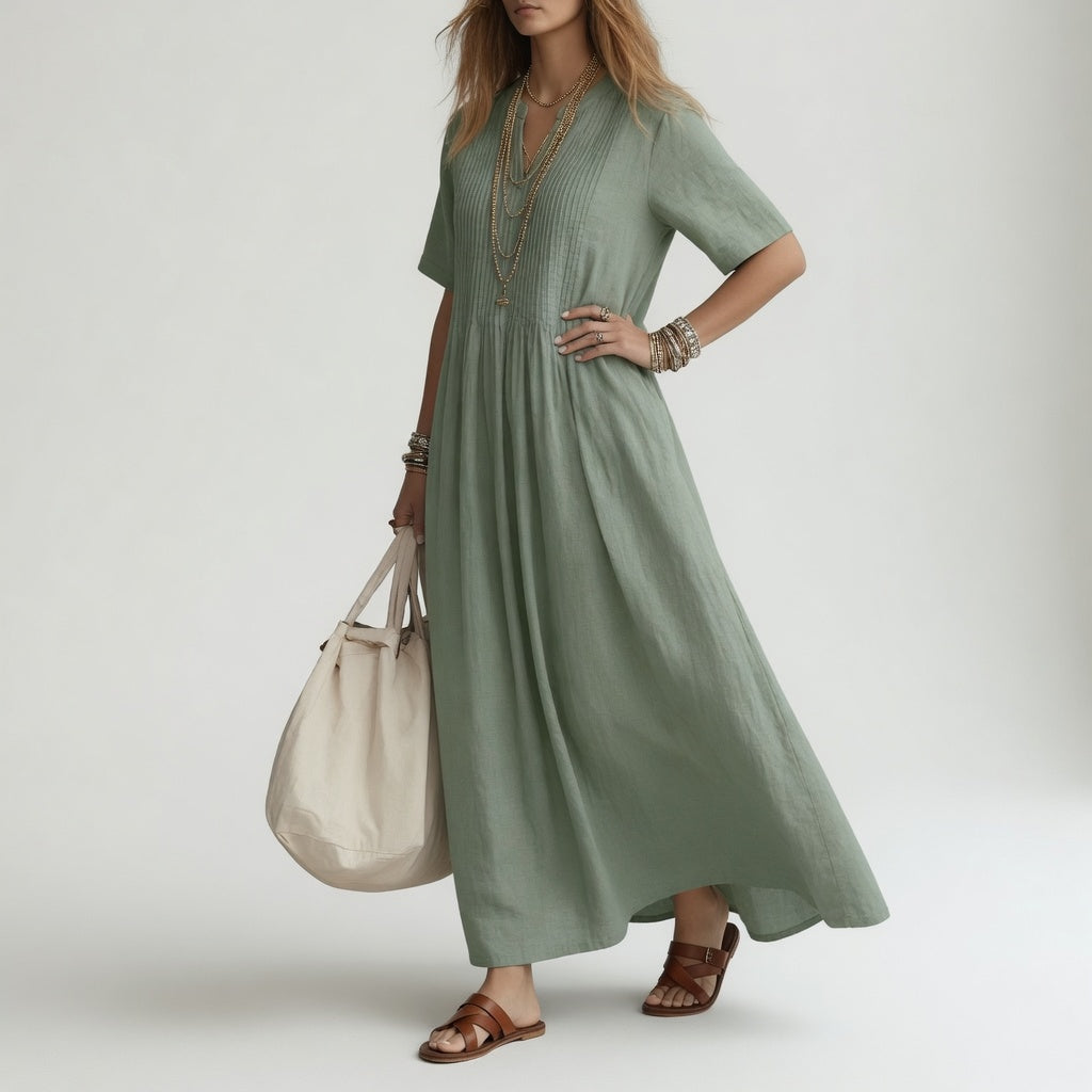 Pélagie — Long Cotton Dress with V-Neck for Summer Freedom