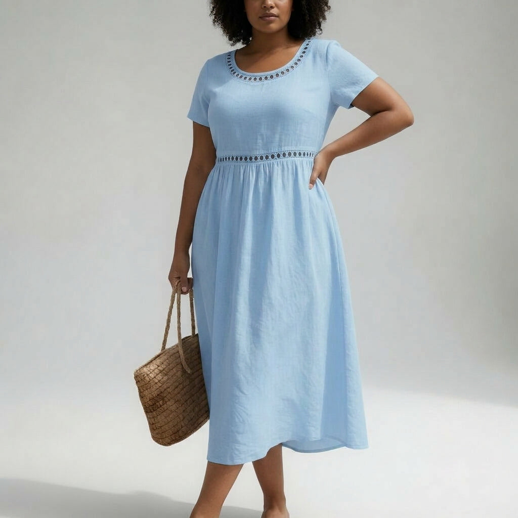 Pernelle™ — Mid-length dress 100% cotton embroidered with soft femininity - Plus size model