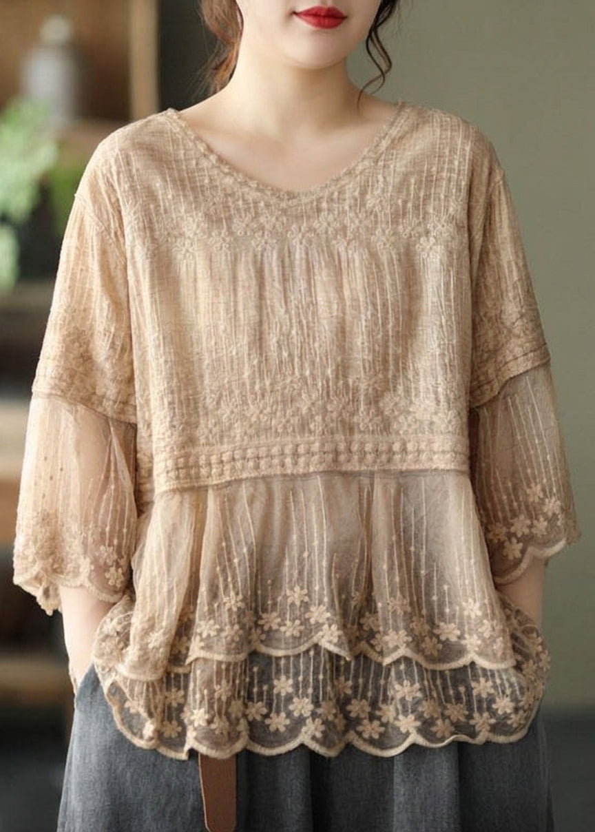 Mila - Embroideried Patchwork Summer Shirts Half Sleeve - Plus size model
