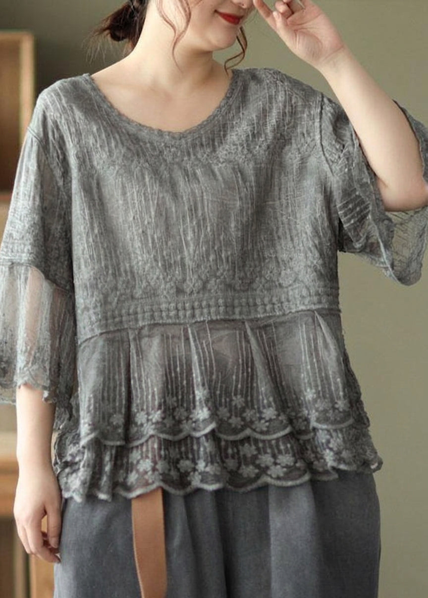 Mila - Embroideried Patchwork Summer Shirts Half Sleeve - Plus size model