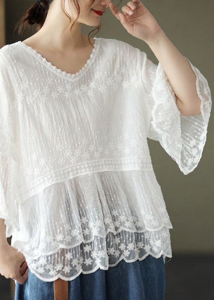 Mila - Embroideried Patchwork Summer Shirts Half Sleeve - Plus size model