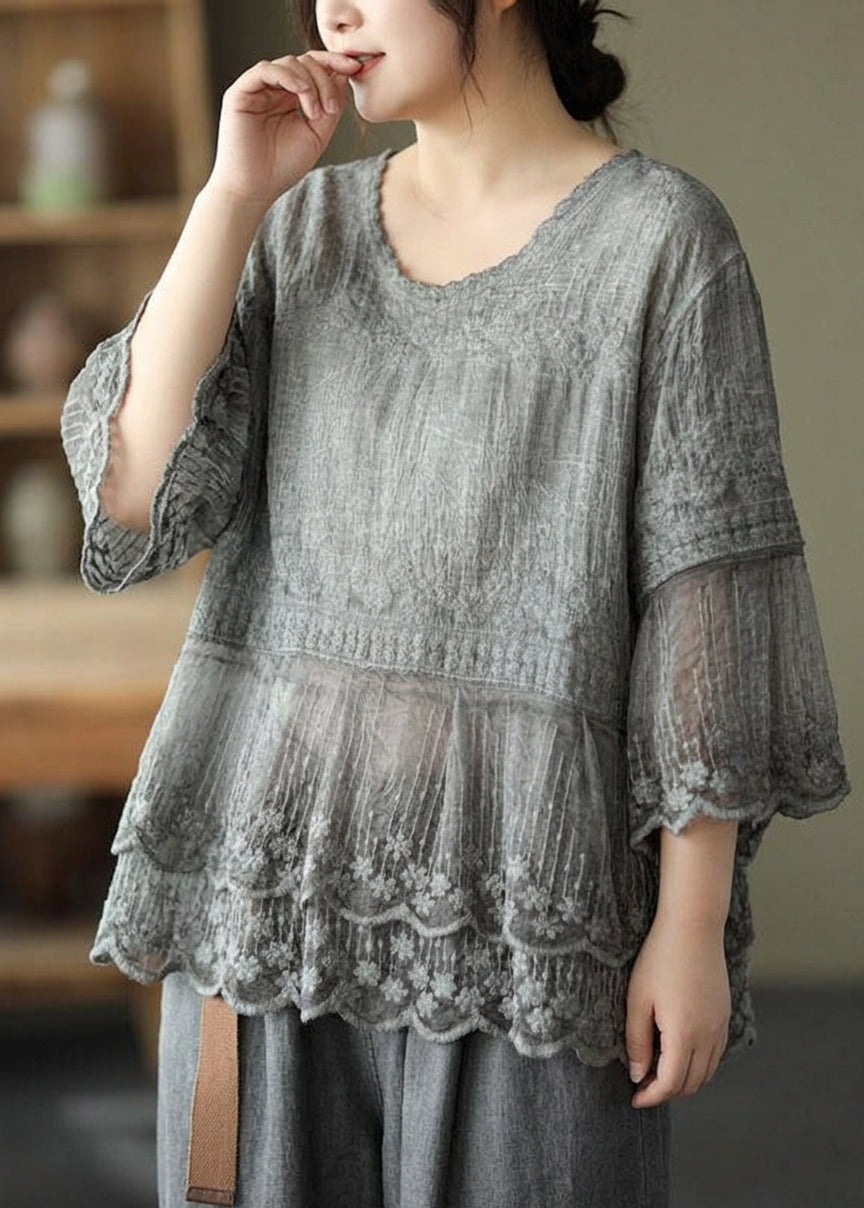 Mila - Embroideried Patchwork Summer Shirts Half Sleeve - Plus size model