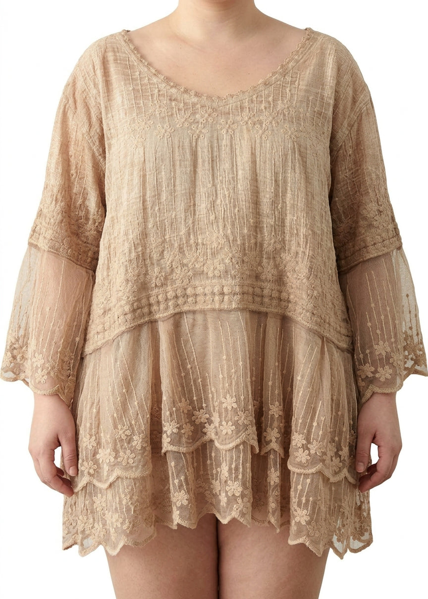 Mila - Embroideried Patchwork Summer Shirts Half Sleeve - Plus size model