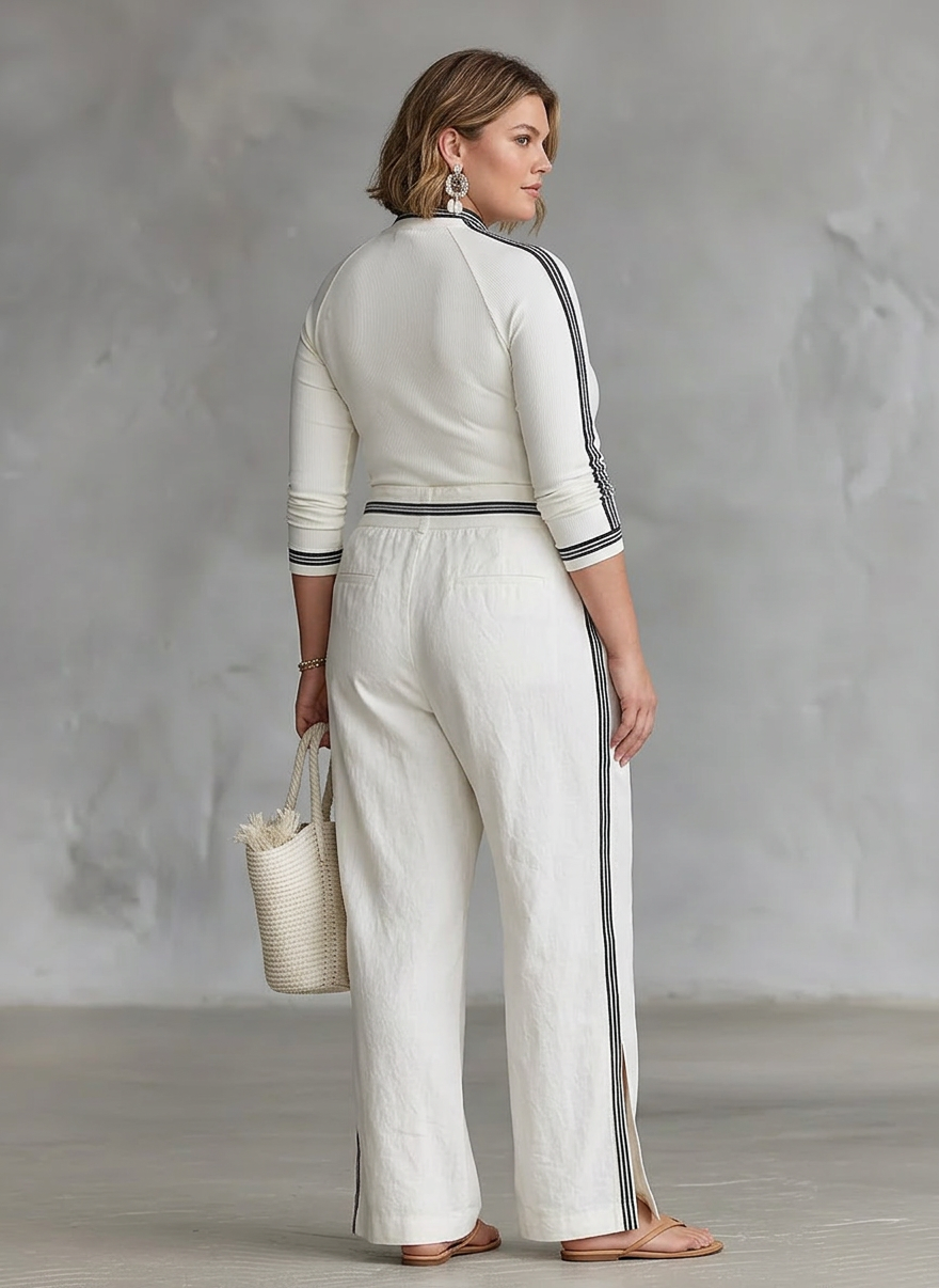 Women's Two-Piece Set: Long Sleeve Sporty T-Shirt with High Neck and Loose Pants with Drawstring - Plus size model