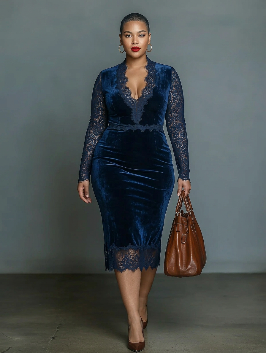 Elegant and Fashionable Dark Blue Velvet Midi Slim-fit V-neck Dress for Women with Lace Neckline and Sleeves - Plus size model