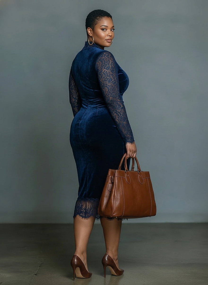 Elegant and Fashionable Dark Blue Velvet Midi Slim-fit V-neck Dress for Women with Lace Neckline and Sleeves - Plus size model