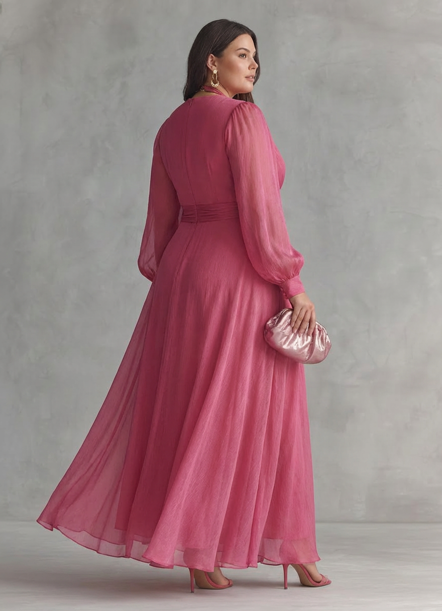Elegant long pink chiffon dress with pearls and V-neck for women - Plus size model