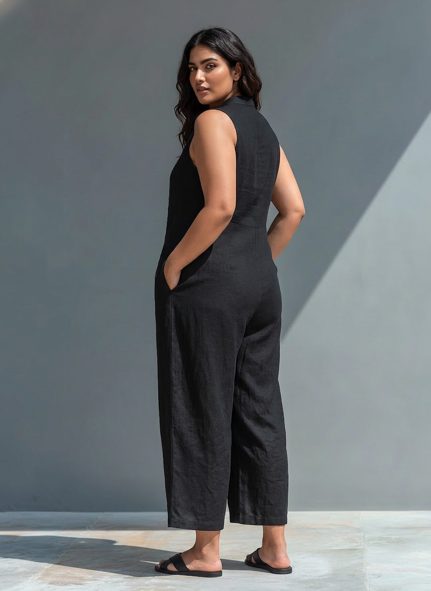 Sleeveless Minimalist Jumpsuit for Women with High Collar and Buttons - Plus size model