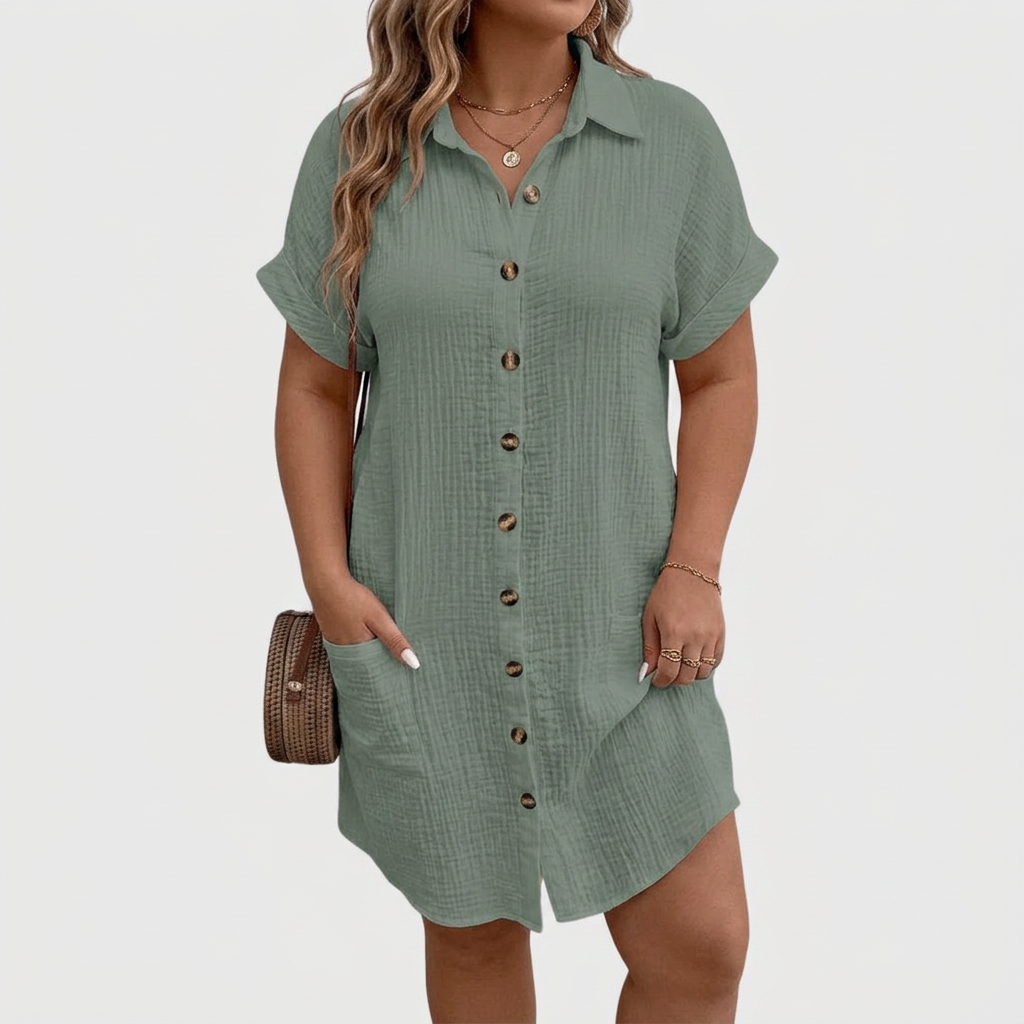 Marlowe | Women's Linen Button-Down Short Sleeve Shirt Dress - Plus size model