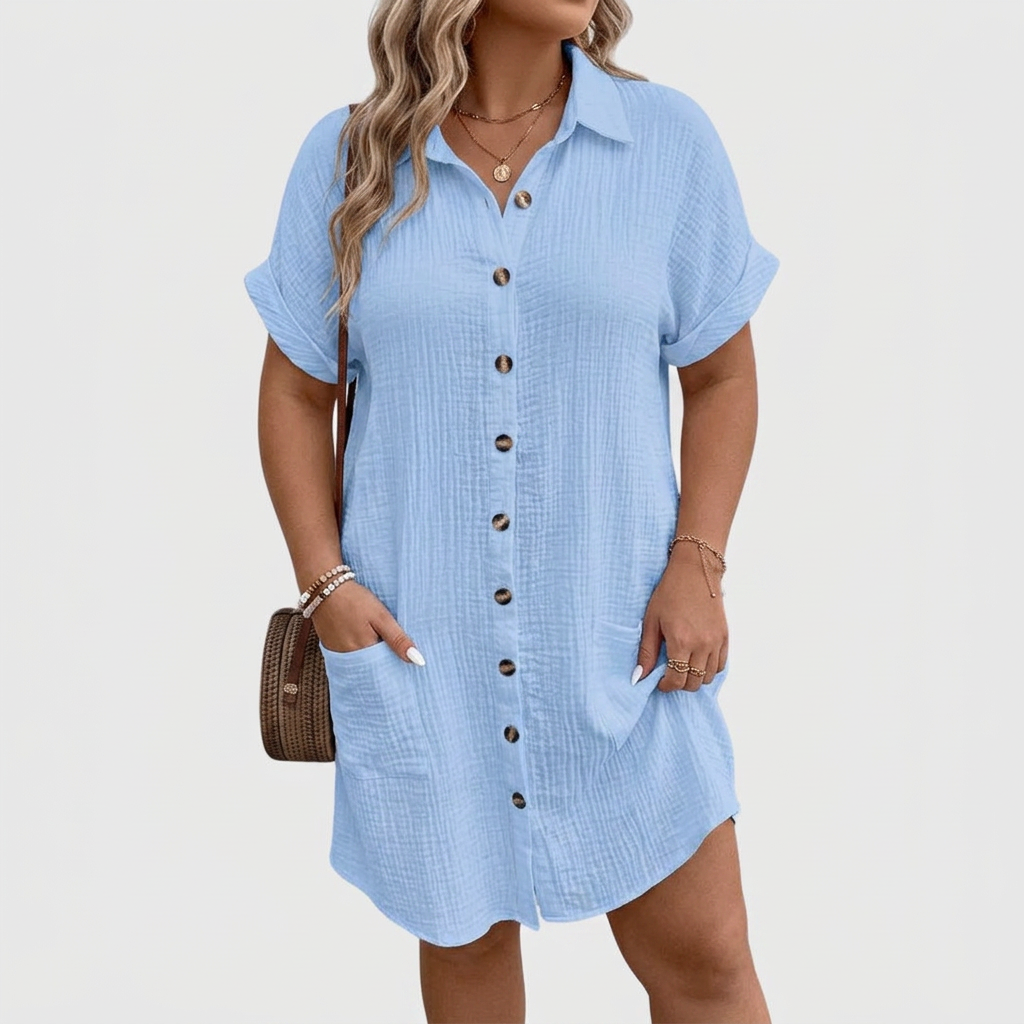 Marlowe | Women's Linen Button-Down Short Sleeve Shirt Dress - Plus size model