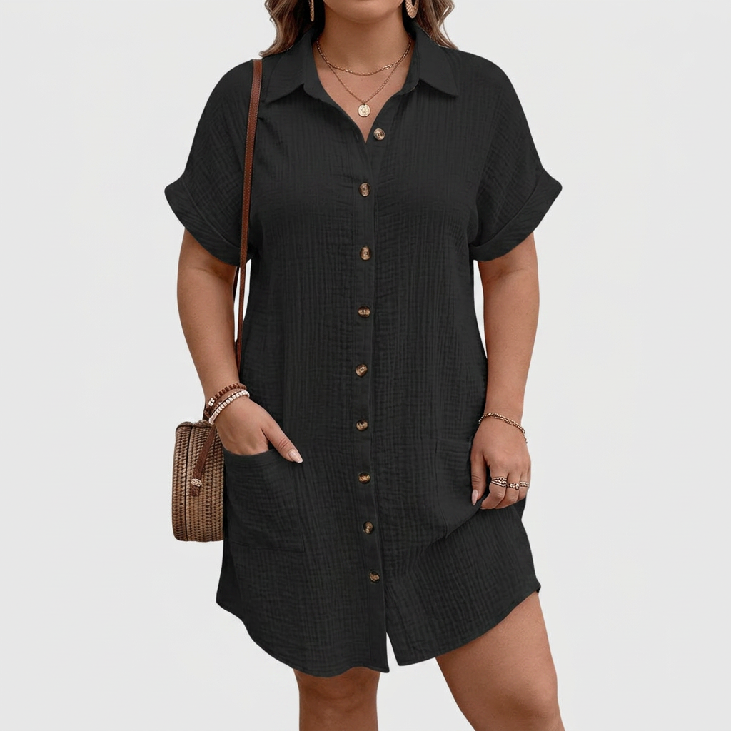 Marlowe | Women's Linen Button-Down Short Sleeve Shirt Dress - Plus size model