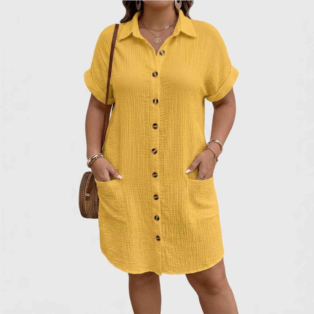 Marlowe | Women's Linen Button-Down Short Sleeve Shirt Dress - Plus size model