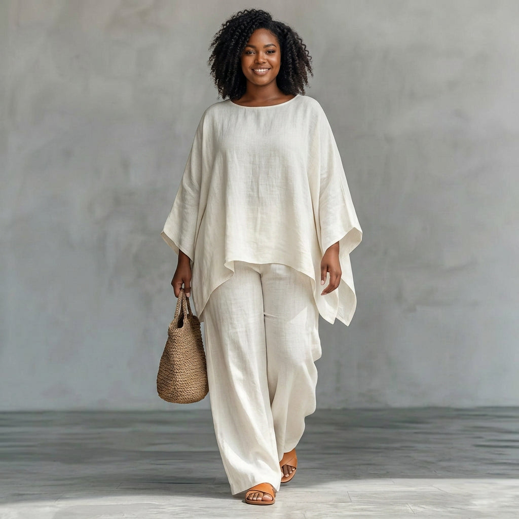 Cristina | Two-piece set with long sleeves and wide pants - Plus size model