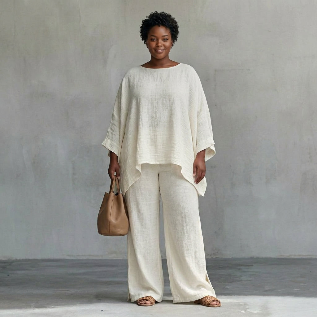 Cristina | Two-piece set with long sleeves and wide pants - Plus size model