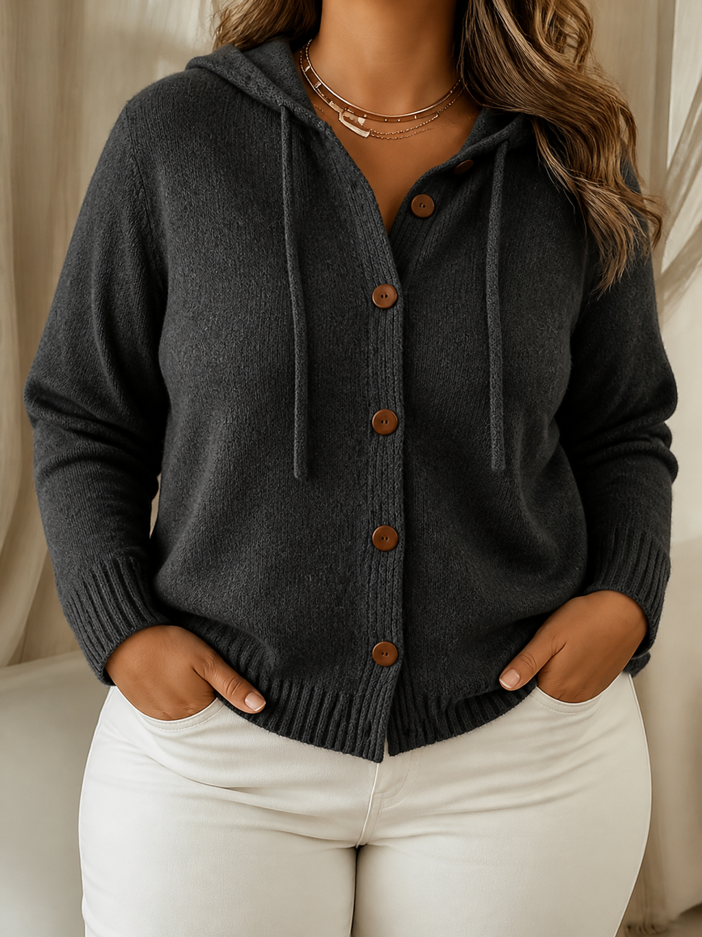 Brenda | Cozy Button Cardigan Hoodie - Plus size model