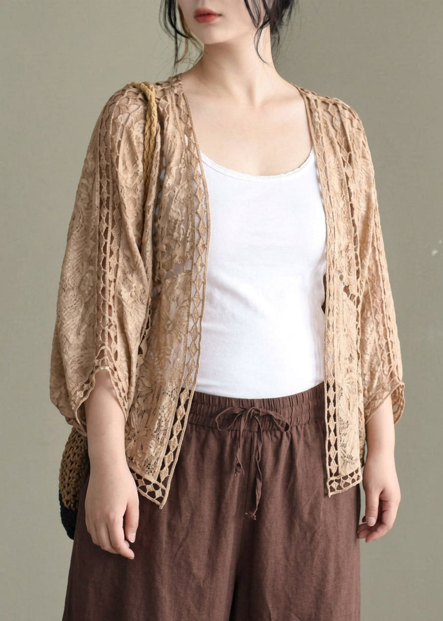 Scarlett - Modern Khaki Jacquard Hollow Out Cotton Short Cardigans - Plus size model