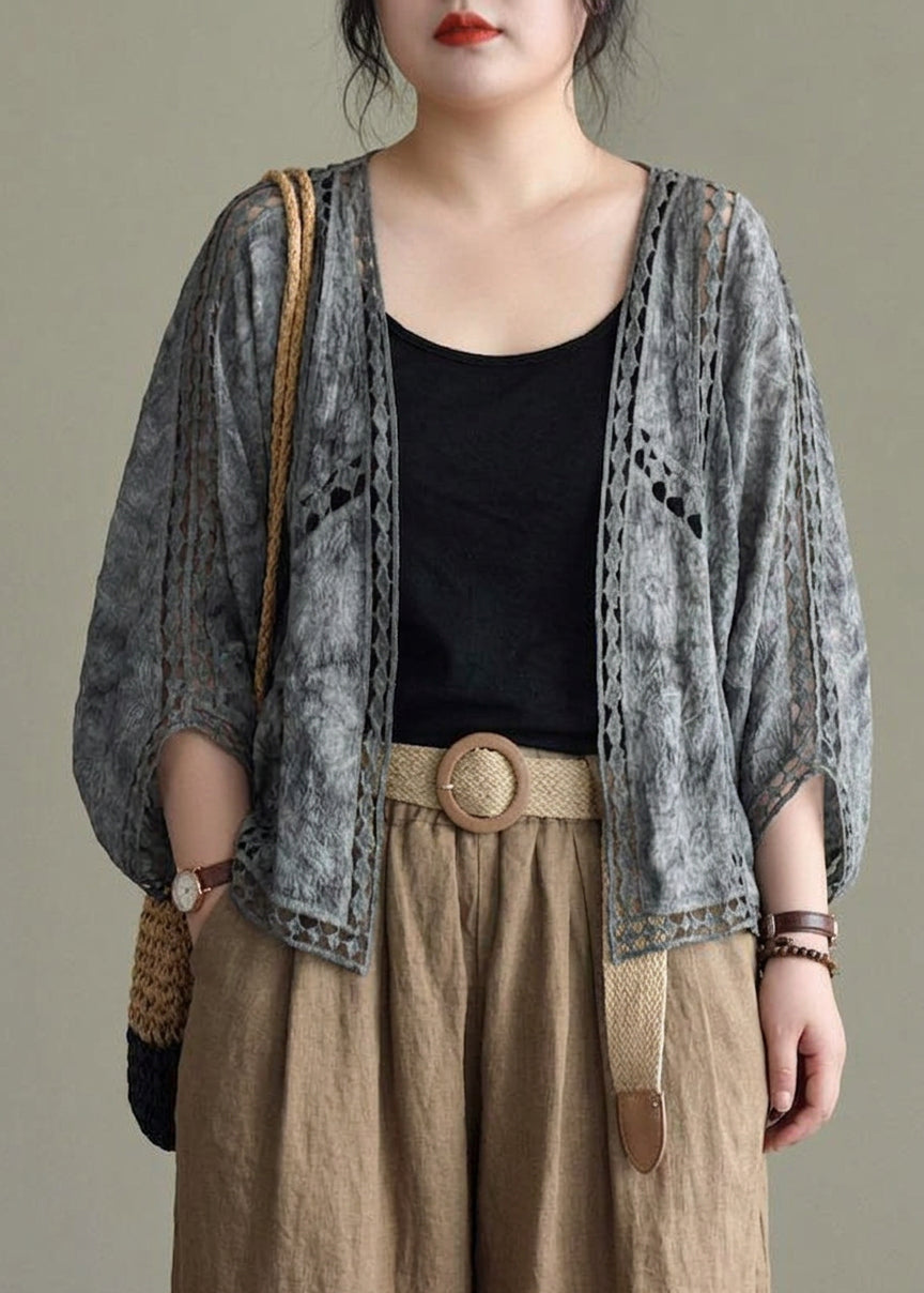 Scarlett - Modern Khaki Jacquard Hollow Out Cotton Short Cardigans - Plus size model