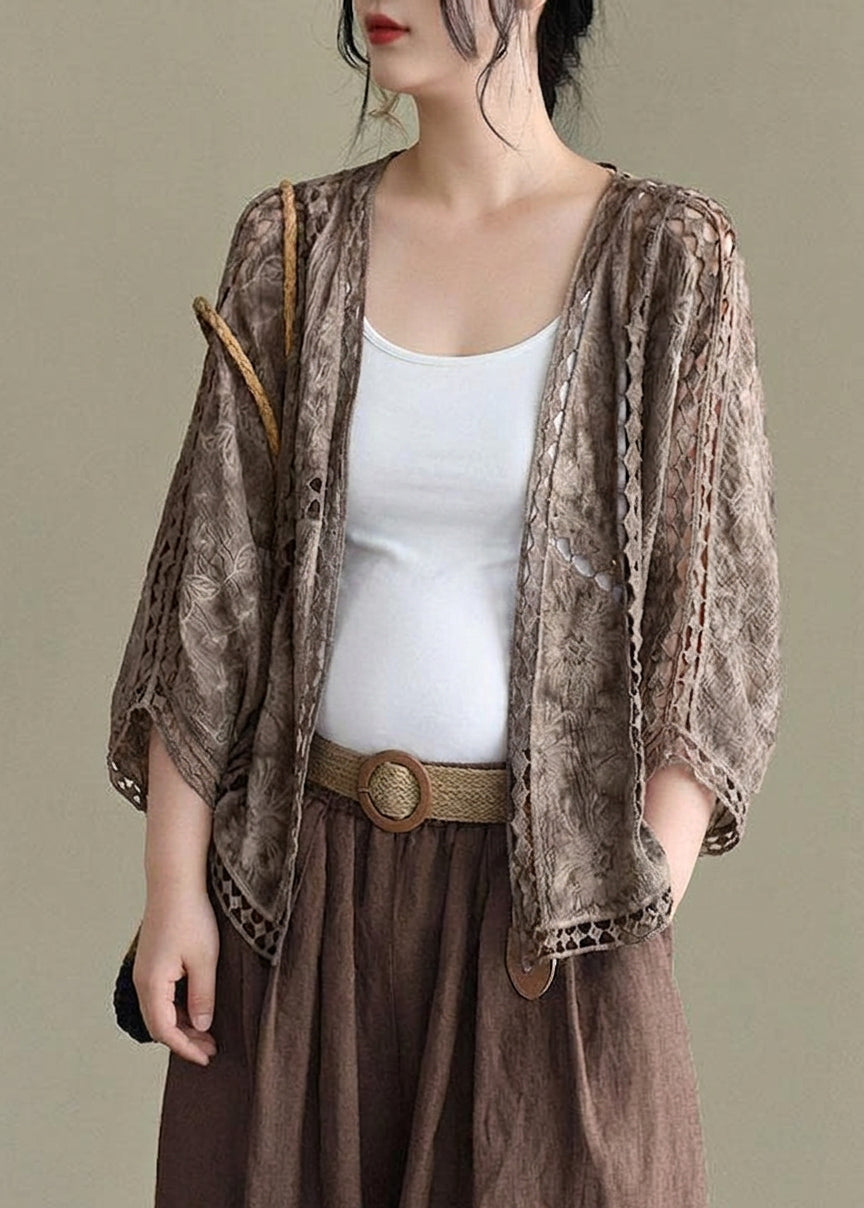 Scarlett - Modern Khaki Jacquard Hollow Out Cotton Short Cardigans - Plus size model