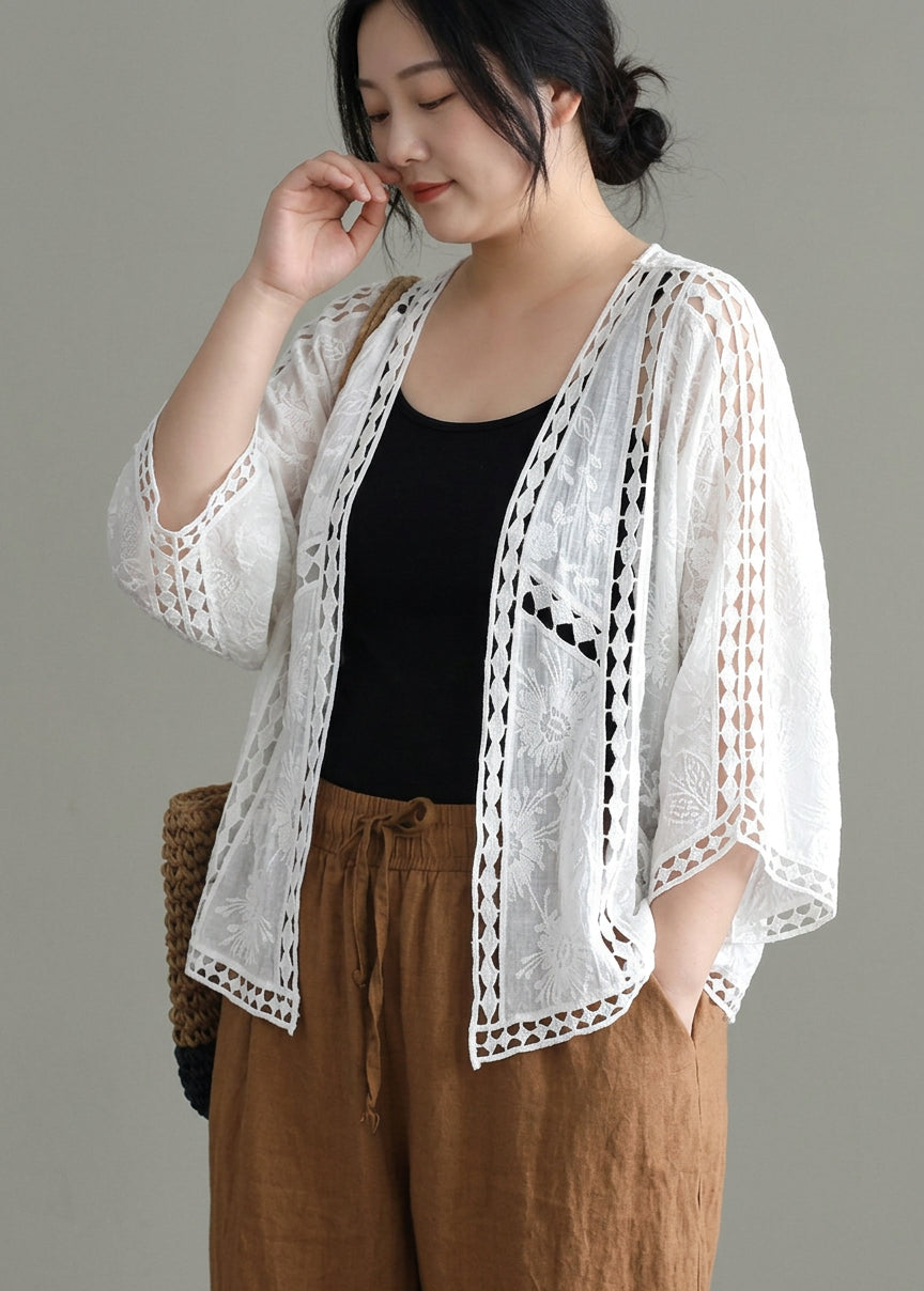 Scarlett - Modern Khaki Jacquard Hollow Out Cotton Short Cardigans - Plus size model