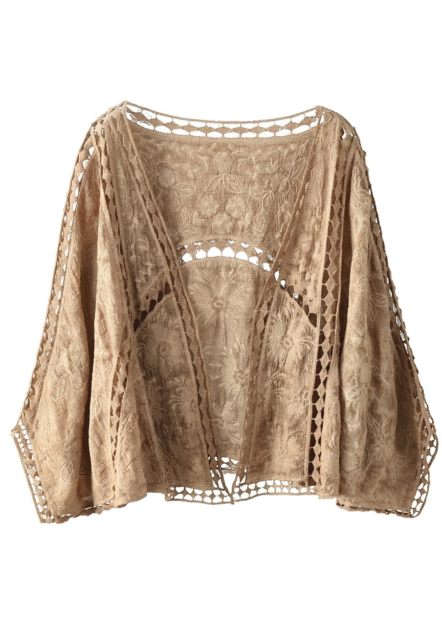 Scarlett - Modern Khaki Jacquard Hollow Out Cotton Short Cardigans - Plus size model