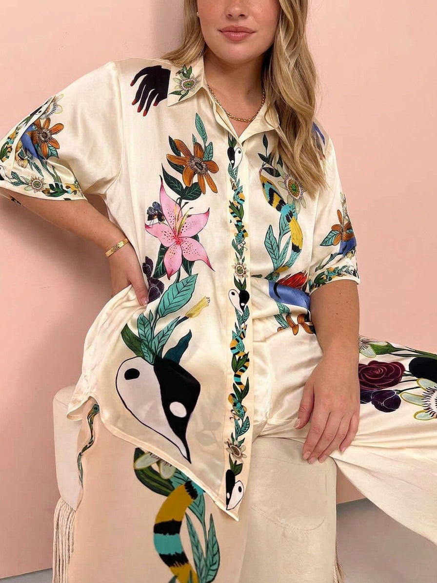 Nika | Resort Vibes Satin unique print shirt & trousers set Fit - Plus size model