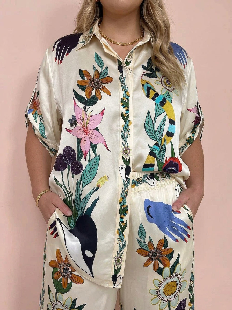 Nika | Resort Vibes Satin unique print shirt & trousers set Fit - Plus size model