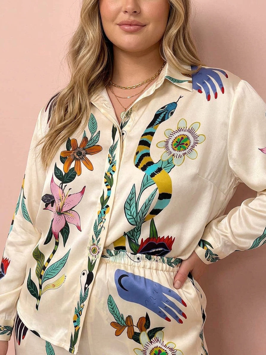 Nika | Resort Vibes Satin unique print shirt & trousers set Fit - Plus size model