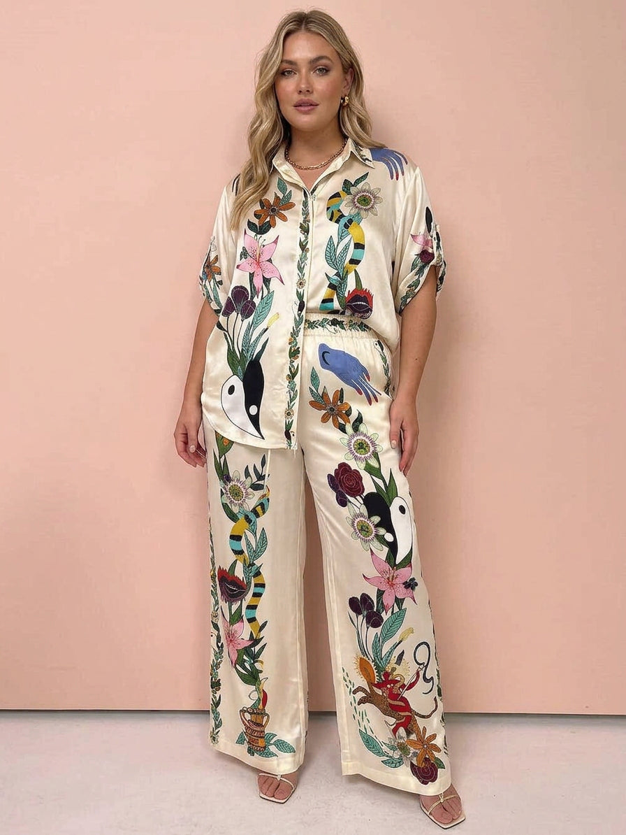 Nika | Resort Vibes Satin unique print shirt & trousers set Fit - Plus size model