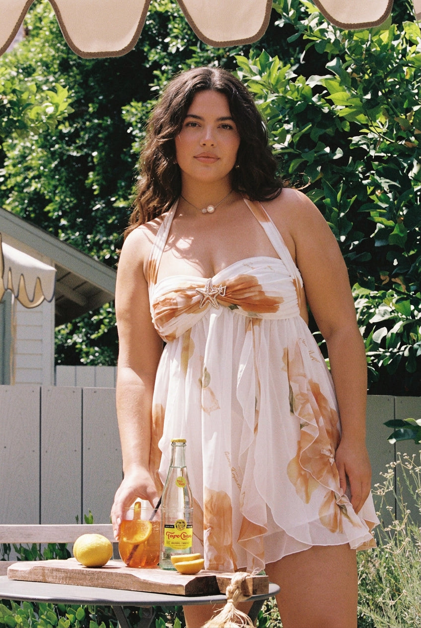 Bianca – Floral Chiffon Mini Dress for Golden Summer Days - Plus size model