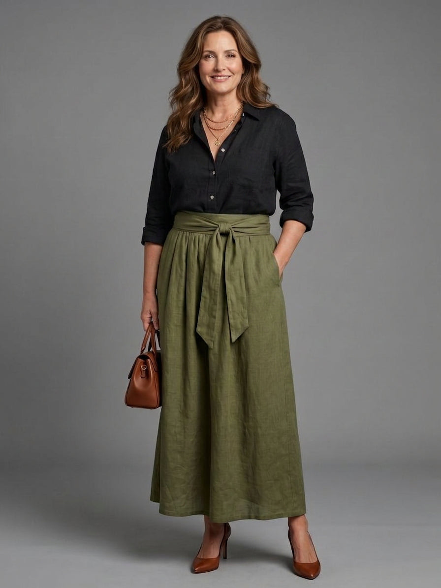 Vera | Two Piece Set Black Blouse Olive Green Midi Skirt - Plus size model