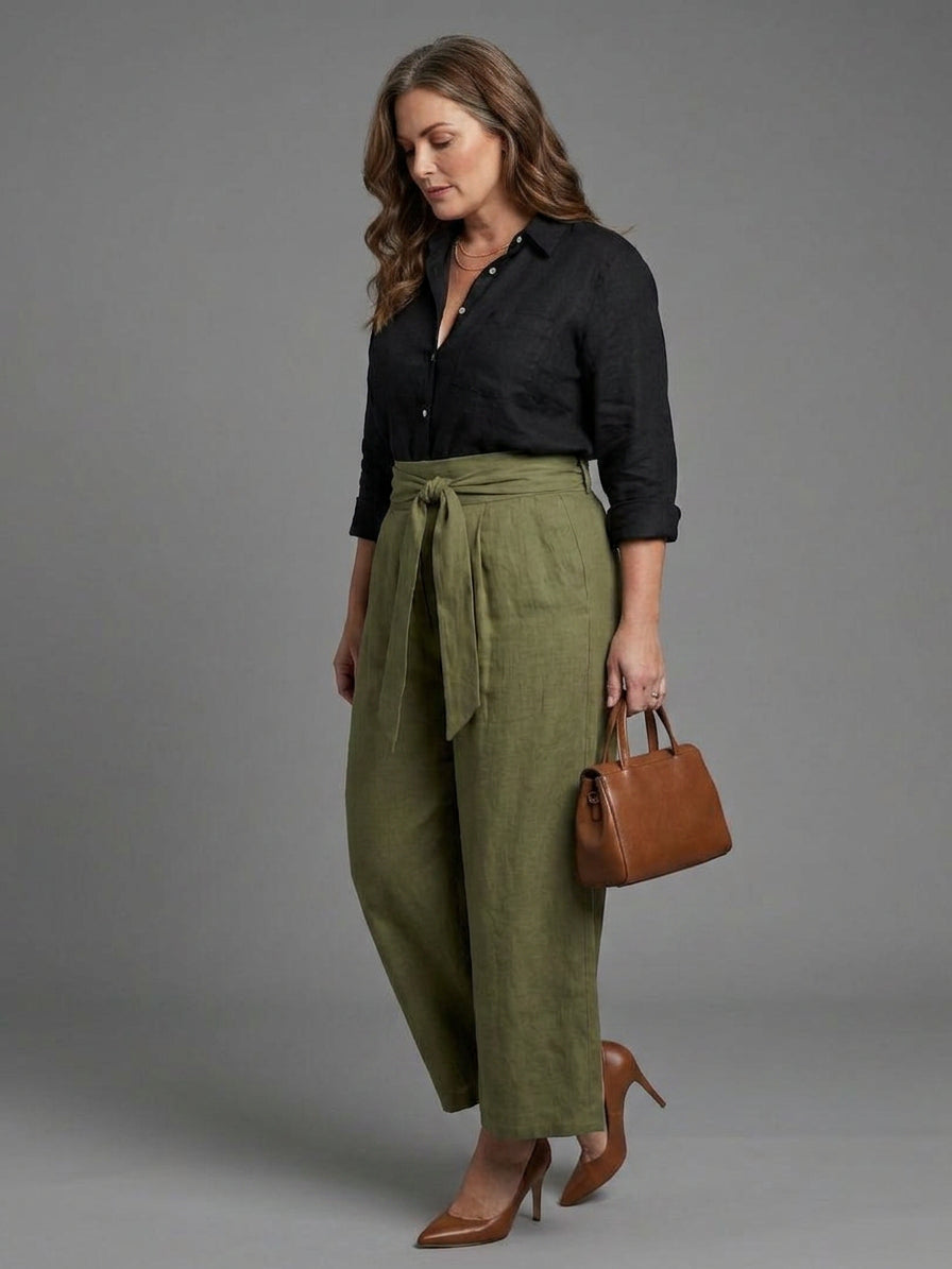 Vera | Two Piece Set Black Blouse Olive Green Midi Skirt - Plus size model
