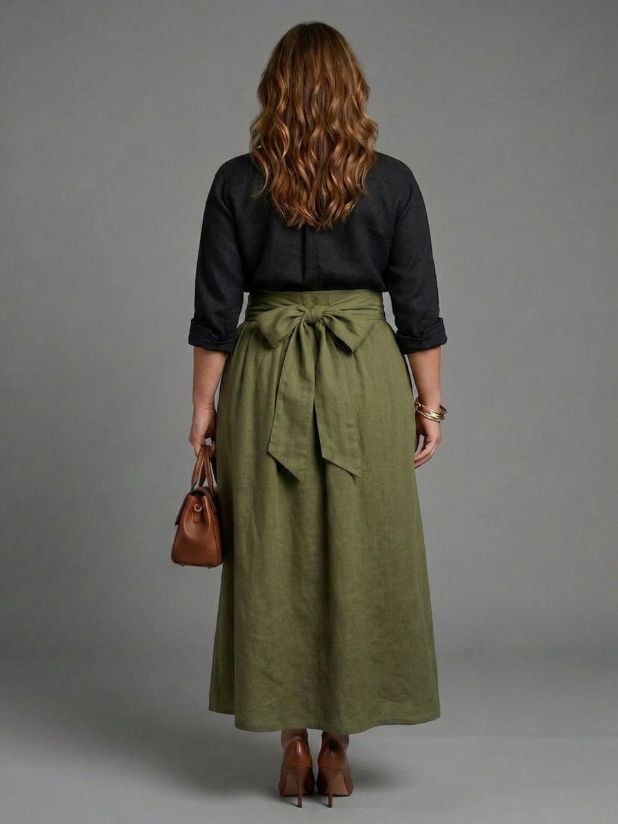 Vera | Two Piece Set Black Blouse Olive Green Midi Skirt - Plus size model