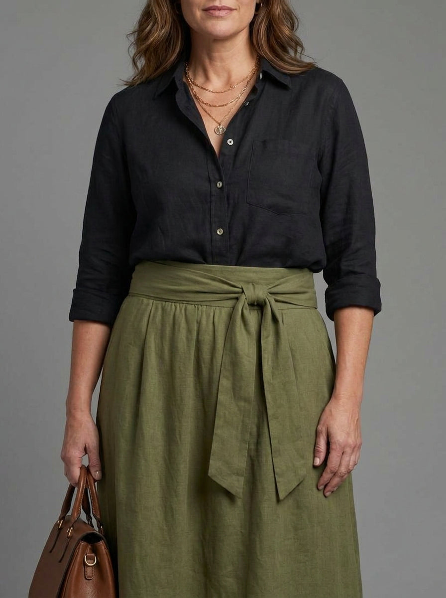 Vera | Two Piece Set Black Blouse Olive Green Midi Skirt - Plus size model