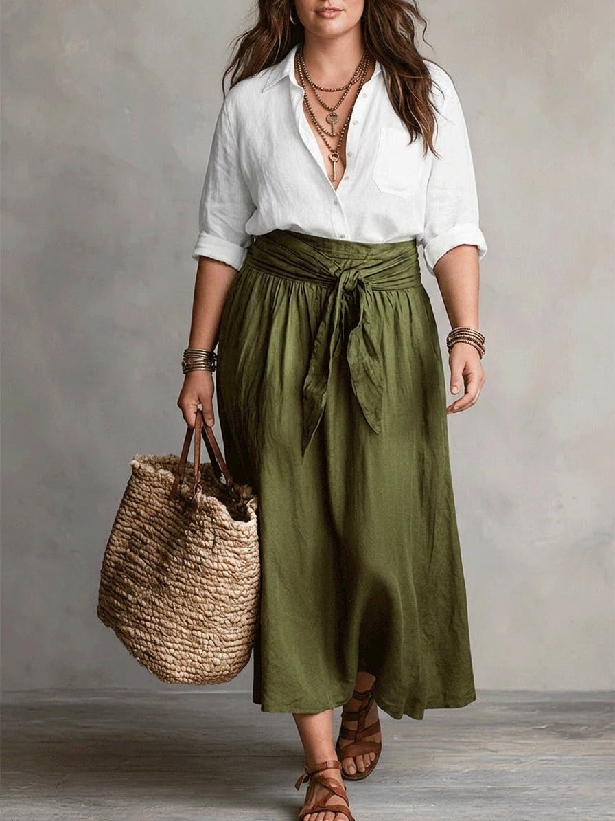Vera – Two-Piece Set: Black T-Shirt and Olive Green Midi Skirt - Plus size model