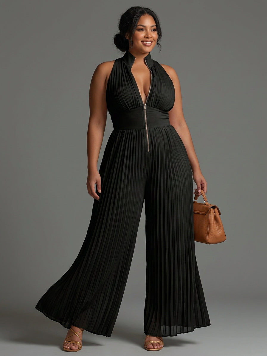 White sleeveless chiffon jumpsuit with V-neck, zip, and pleated wide-leg pants - Plus size model