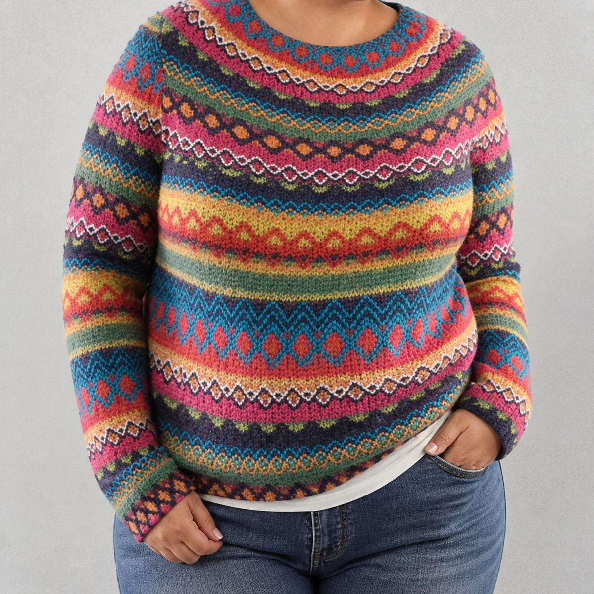 Aurora - Retro Scandinavian knitted sweater - Plus size model