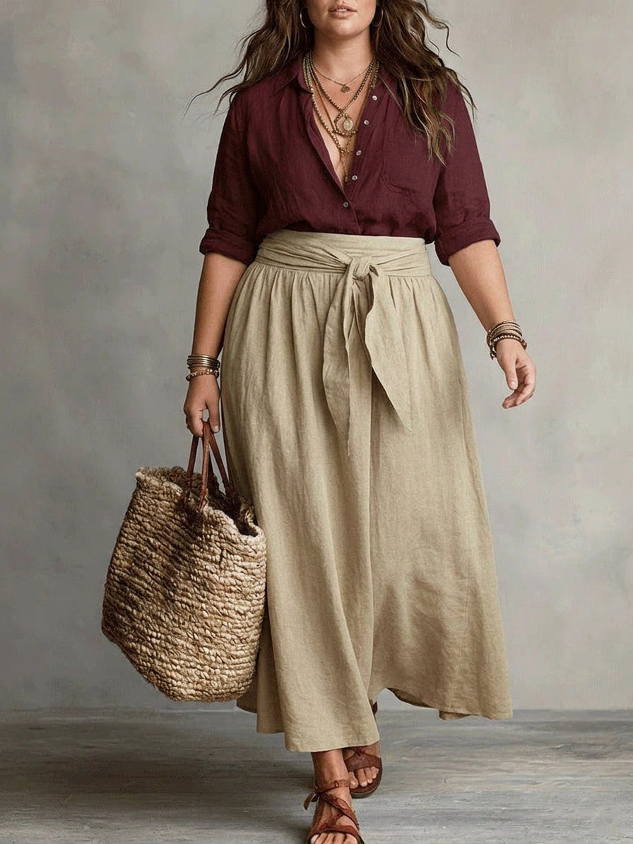 Vera – Two-Piece Set: Black T-Shirt and Olive Green Midi Skirt - Plus size model