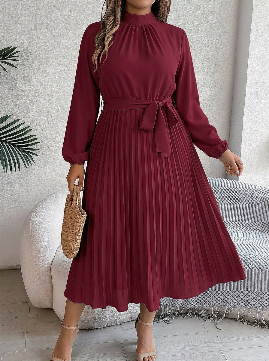 Priscilla | Pleated Belted Maxi Dress - Plus size model