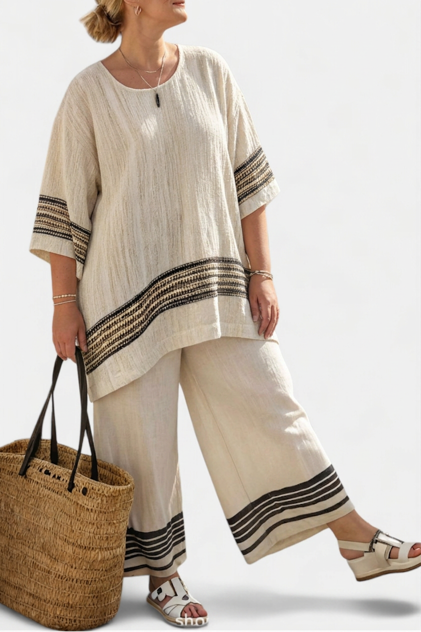 Mariella — Top Elegant Linen With Black Stripes & Flowing Trousers - Plus size model