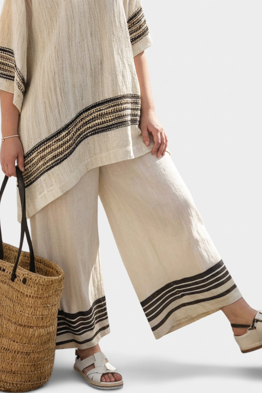 Mariella — Top Elegant Linen With Black Stripes & Flowing Trousers - Plus size model