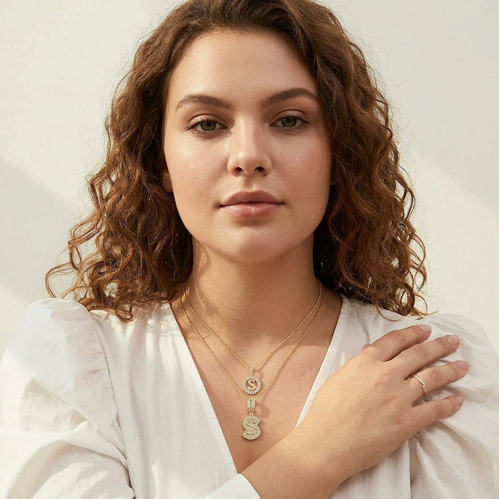 Pave letter initial necklace set | Gold - Plus size model