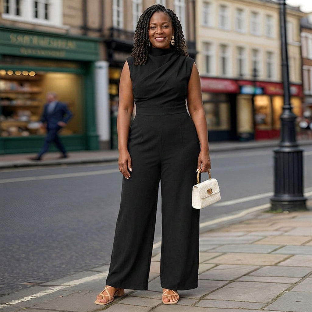Aubree - Drape-Collar Wide-Leg Jumpsuit - Plus size model