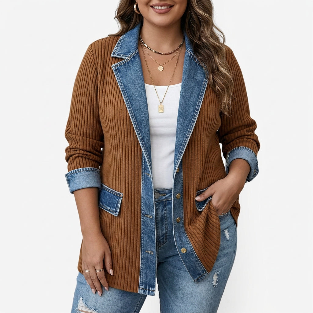 Hannah | Indigo Knit Jacket - Plus size model