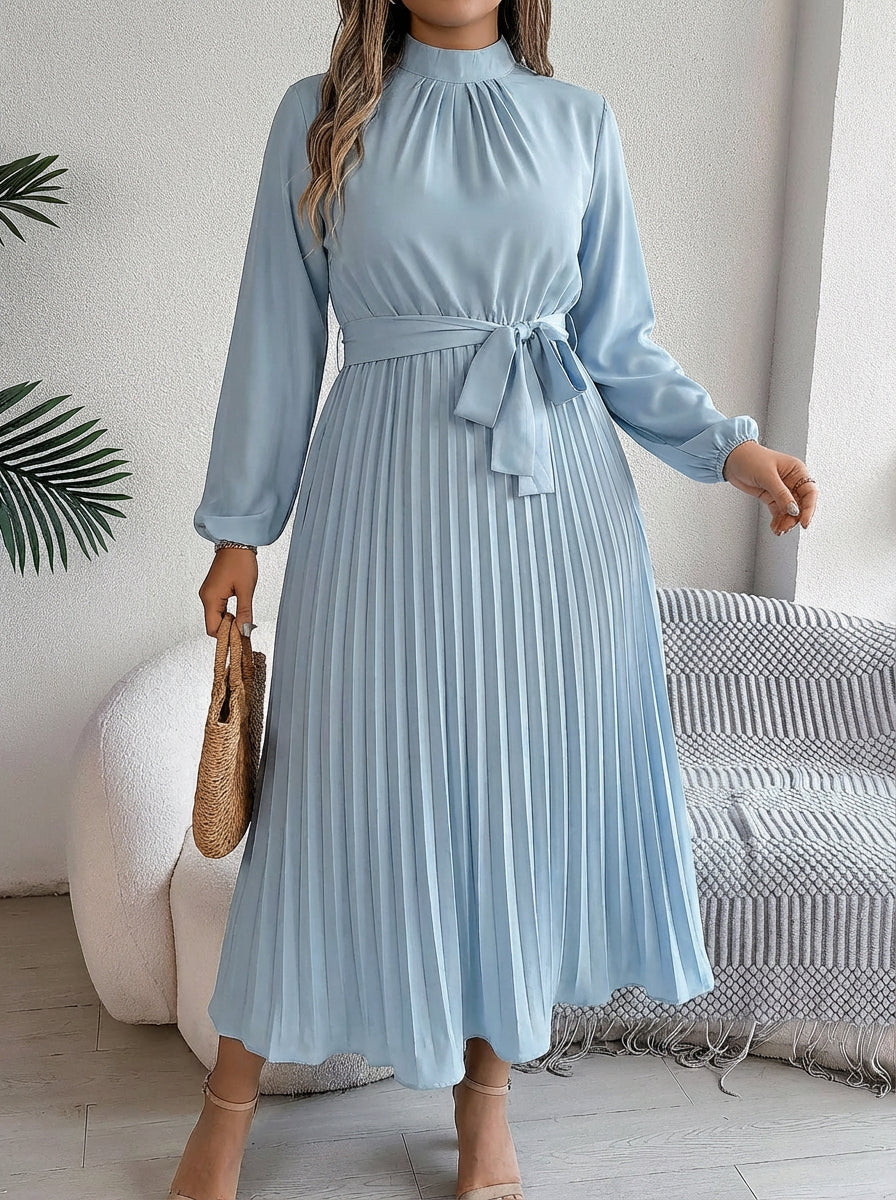Priscilla | Pleated Belted Maxi Dress - Plus size model