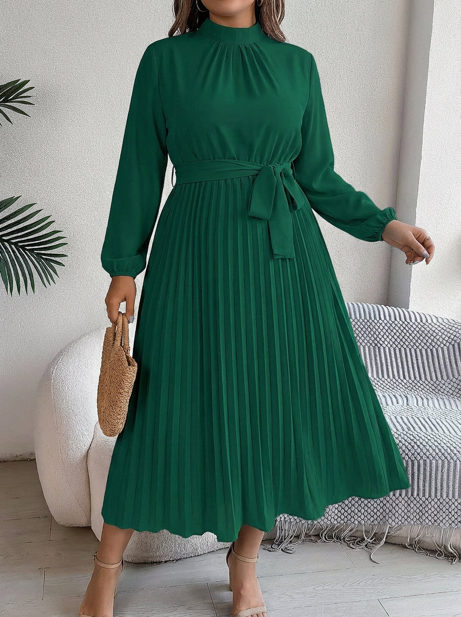 Priscilla | Pleated Belted Maxi Dress - Plus size model