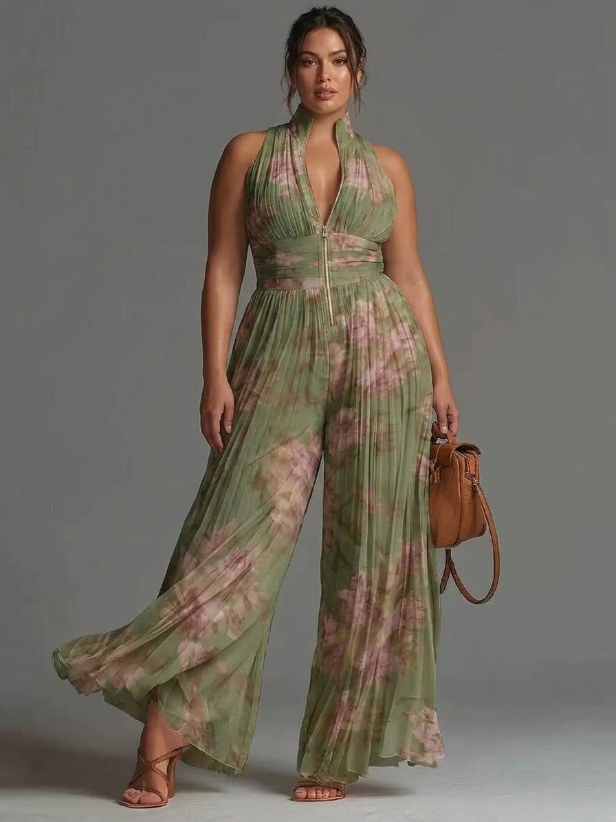 White sleeveless chiffon jumpsuit with V-neck, zip, and pleated wide-leg pants - Plus size model