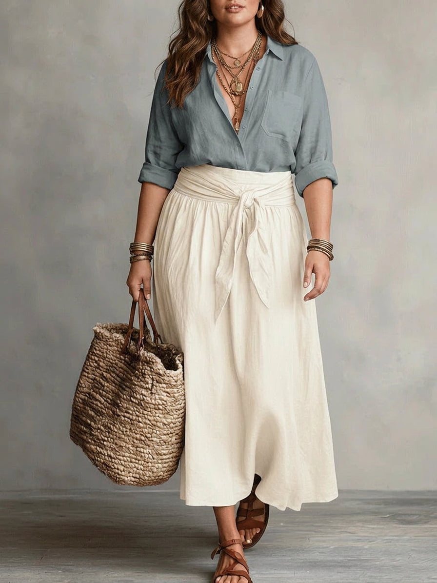 Vera – Two-Piece Set: Black T-Shirt and Olive Green Midi Skirt - Plus size model
